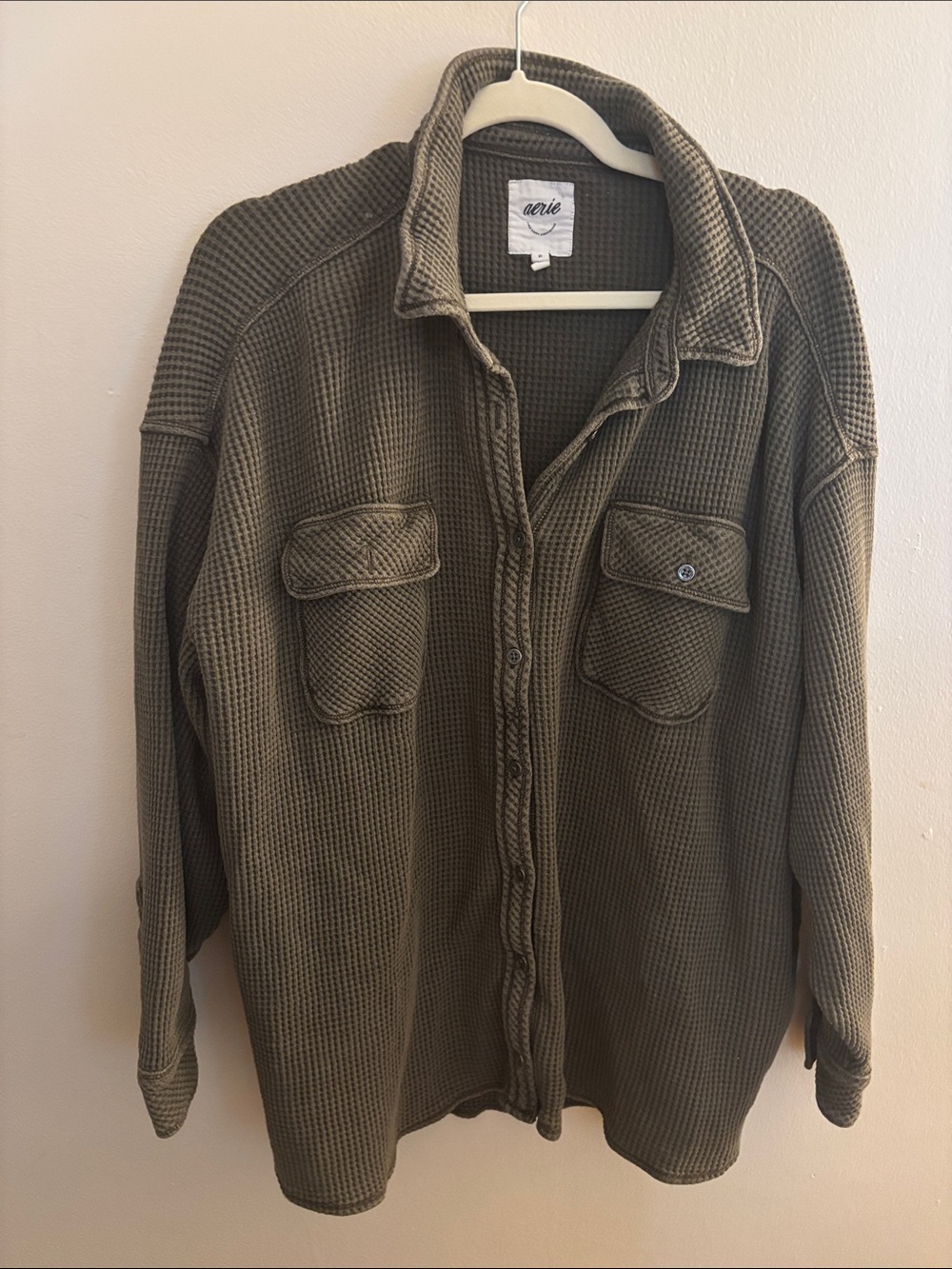 aerie Olive Green Waffle-Knit Shirt Jacket